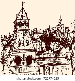 temple, the Kremlin, landscape drawing, sketch, illustration of Russia, Moscow