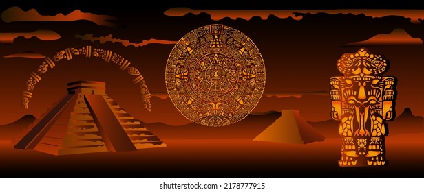 Temple of May and Toltecs.Background consisting of symbols of the Mayan calendar.
The Aztecs, Mayans, Incas.