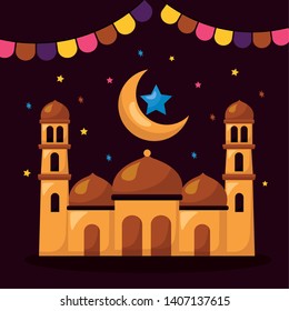 temple moon star garland celebration eid mubarak vector illustration