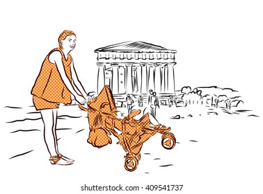 Temple with Mother and Baby in Buggy, Agrigento, Sicily. Hand Drawn Sketch.
