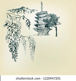 temple nature landscape view vector sketch illustration japanese chinese oriental line art
