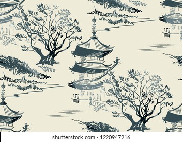 temple nature landscape view vector sketch illustration japanese chinese oriental line art seamless pattern