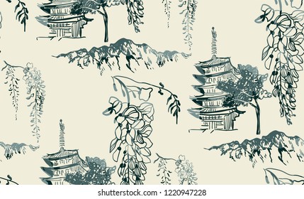 temple nature landscape view vector sketch illustration japanese chinese oriental line art seamless pattern svg