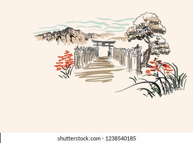 temple nature landscape view vector sketch illustration japanese chinese oriental line art
