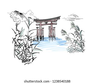 temple nature landscape view vector sketch illustration japanese chinese oriental line art
