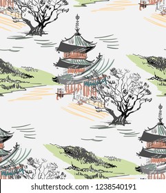 temple nature landscape view vector sketch illustration japanese chinese oriental line art seamless pattern