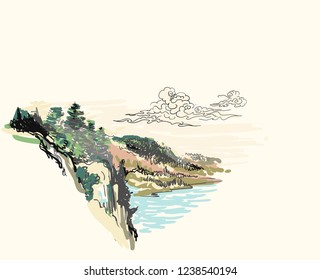 temple nature landscape view vector sketch illustration japanese chinese oriental line art
