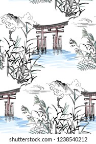 temple nature landscape view vector sketch illustration japanese chinese oriental line art seamless pattern