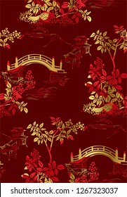 temple nature landscape view vector sketch illustration japanese chinese oriental line art seamless pattern