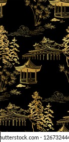 temple nature landscape view vector sketch illustration japanese chinese oriental line art seamless pattern