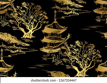 temple nature landscape view vector sketch illustration japanese chinese oriental line art seamless pattern