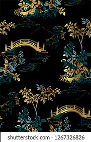 temple nature landscape view vector sketch illustration japanese chinese oriental line art seamless pattern