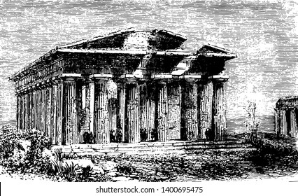 Der Tempel von Neptun befindet sich in der Graeco bis römische antike Stadt Paestum die Region Kampanien in Italien aus vertikalen Spalten Vintage Linie Zeichnung oder Gravitation Illustration.