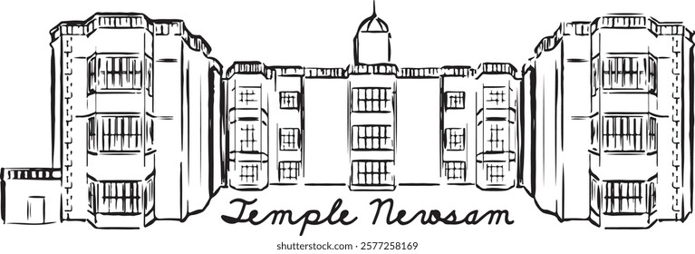 Temple Newsam, Leeds, England black and white ink sketch. Historic Tudor-Jacobean mansion with stunning gardens and parkland. Iconic cultural landmark illustration. Tourism, travel, and heritage