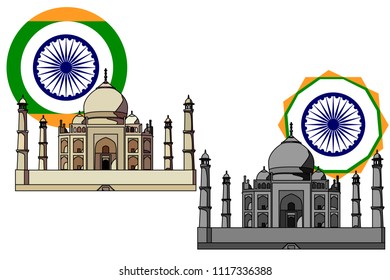 Temple at night and day in the Delhi against the background of the flag of India