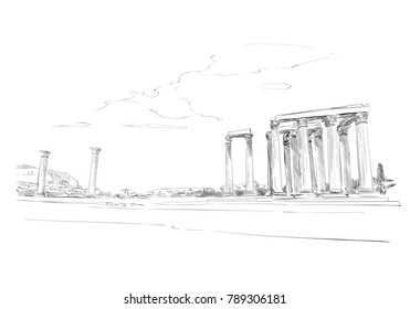 Temple of Olympian Zeus. Athens. Greece. Europe. Hand drawn sketch. Vector illustration.