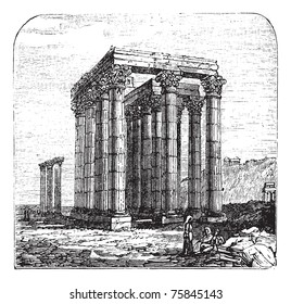 The Temple of Olympian Zeus, Olympieion or Columns of the Olympian Zeus, Greek, Athens. Vintage engraving. A colossal ruined temple in the centre of the capital of Athens, Greece.