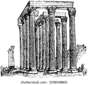 Temple of Olympian Zeus for the worship of Athena, vintage engraving.