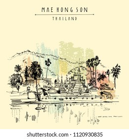 Temple on the lake in Mae Hong Son (Maehongson), Thailand, Southeast Asia. Water, mountains and Burmese architecture. Travel sketch. Vintage artistic postcard, poster, book illustration in vector