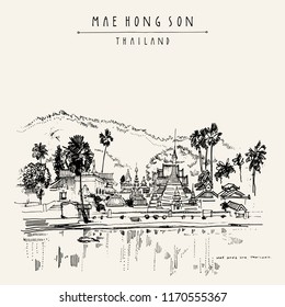 Temple on the lake in Mae Hong Son, Thailand, Southeast Asia. Water, mountains and Burmese architecture. Travel sketch. Vintage artistic postcard, poster, book illustration in vector