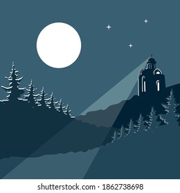 Temple on top of a mountain by moonlight. Vector illustration