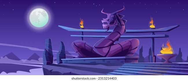 Templo en la cima de una montaña con una estatua de un dragón. Paisaje panorámico, montañas, luna. Arquitectura antigua, escaleras de piedra, ruinas, llamas en las columnas. Parallax, dibujos animados, ilustración vectorial.