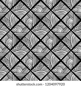 Temple relief seamless pattern vector with hand drawn aztec tribal ethnic in black and white. Good for wall wrapping, wallpaper, textile print, and fashion clothing.
