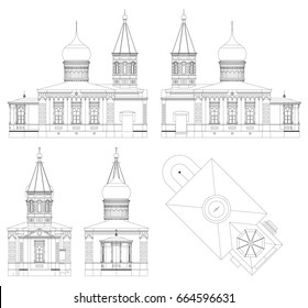 The temple of the Russian Orthodox Church, a drawing in lines, views from all sides