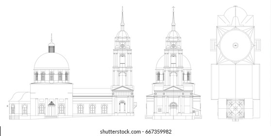 The temple of the Russian Orthodox Church, a drawing in lines, views from all sides
