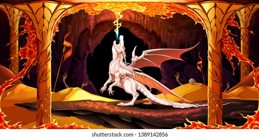 Temple of the temporal power. Vector cartoon illustration representing a dragon inside a golden cavern