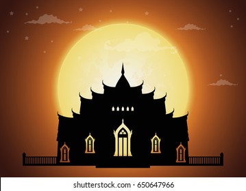 Temple Thailand Landmarks and Silhouette, full moon, Travel Attraction and Background