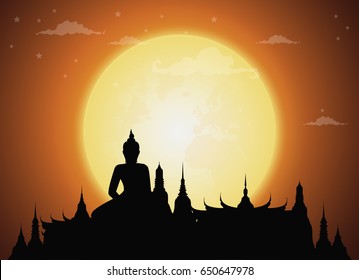 Temple Thailand Landmarks and Silhouette, full moon, Travel Attraction and Background