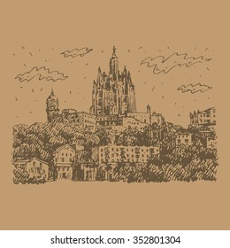 The Temple at Tibidabo in Barcelona, Catalonia, Spain. Drawn pencil sketch. Vector file