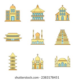 Tempelturm Burg Symbol Set. Outline-Illustration von 9 Tempelturm Burg Vektorgrafiken dünne Linie Farbe flach auf Weiß