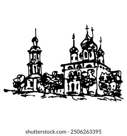 Temple of Transfiguration of the Lord in old Russian town Puchezh. Orthodox temple. Hand drawn linear doodle rough sketch. Black and white silhouette.