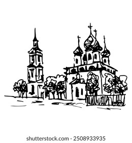 Temple of Transfiguration of the Lord in old Russian town Puchezh. Orthodox temple. Hand drawn linear doodle rough sketch. Black and white silhouette.