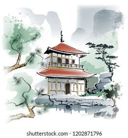 Temple under the rock
Asian temple in the rocky terrain. Imitation of watercolor painting. Illustration, vector. EPS-10.