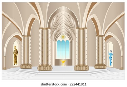 Temple vessel with strong pillars on a slightly elevated section in which the center is a large window in front of the baptismal font. Niches with paintings of biblical characters.