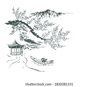 temple view mountains card nature landscape view vector sketch illustration japanese chinese oriental line art