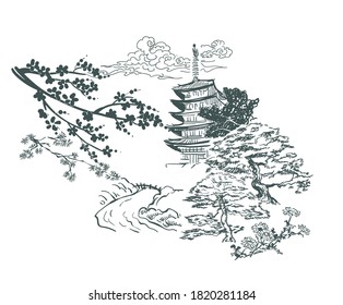 temple view mountains card nature landscape view vector sketch illustration japanese chinese oriental line art