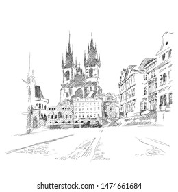 Temple of the Virgin Mary in Prague. A quick sketch with a pencil.