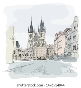 Temple of the Virgin Mary in Prague. A quick sketch with a pencil.