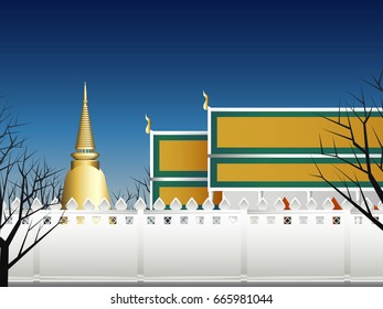 temple wall golden pagoda and chapel in deep forest