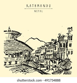Temples of Durbar square, Himalayan mountains and residential buildings in Kathmandu, Nepal. Above city view. Hand drawn touristic postcard, poster. Vector book illustration