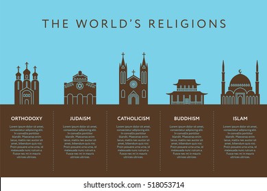Temples of world different religions. Infographics. Religious buildings. Travel and landmarks. Template