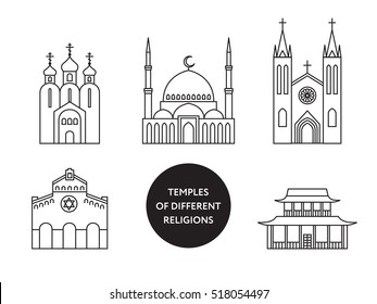 Temples of world different religions. Infographics. Religious buildings. Travel and landmarks