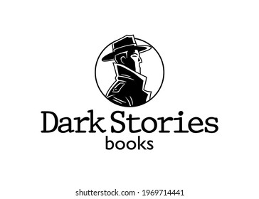 Templet for a logo of an editorial company, in black and white with border lines, formed by the icon of a man wearing hat and coat, with a text that says: Dark Stories, books.
