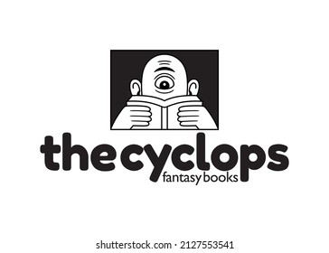 Templet for a logo of an editorial company, in black and white with border lines, formed by the icon of a cyclops reading a book, with a text that says: The cyclops fantasy books.
