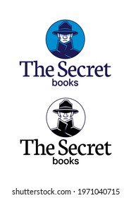 Templet for a logo of an editorial company, in color and black and white, formed by the icon of a man with a half covered face by his hat and coat, with a text that says: The Secret, books.