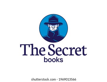 Templet for a logo of an editorial company, formed by the icon of a man with a half covered face by his hat and coat, with a text that says: The Secret, books.